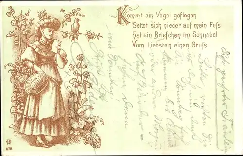 Litho Frau in Tracht, Korb, Vogel, Kommt ein Vogel geflogen, Setzt sich nieder auf mein Fuß...