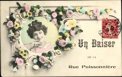 Ak Un Baiser de la Rue Poissonniere, Frauportrait, Blumen, Kitsch