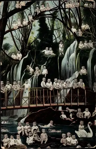 Ak Babys in einer Landschaft mit Brücke und Wasserfall, Fotomontage