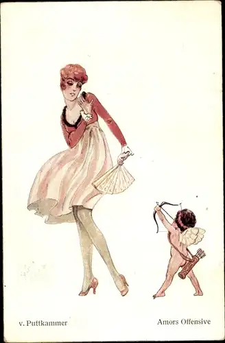 Künstler Ak von Puttkammer, Amors Offensive, Liebesengel zielt mit Pfeil auf eine Frau