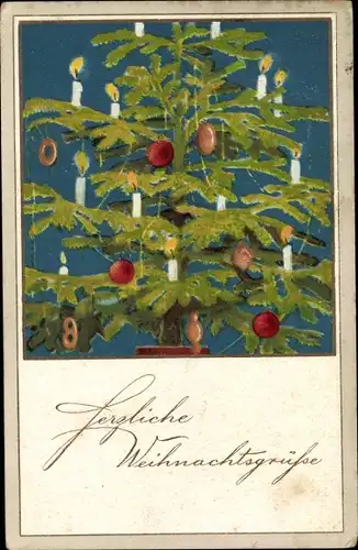 Ak Glückwunsch Weihnachten, Tannenbaum, Kerzen, Weihnachtskugeln