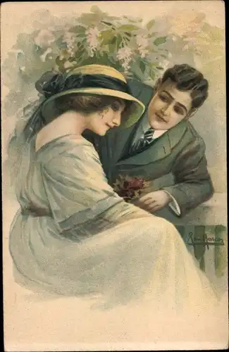 Künstler Ak Marco, J., Liebespaar, Frau mit Hut, Mann im Anzug