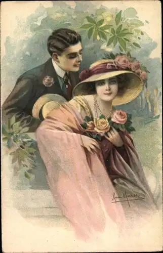 Künstler Ak Marco, J., Liebespaar, Frau mit Hut, Mann im Anzug, Rosen, Park