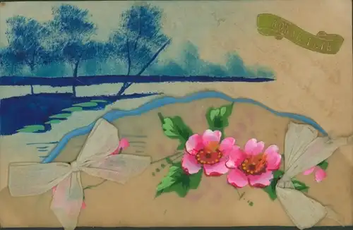 Stoff Ak Glückwunsch, Bonne Fete, Blumen, Schleifen