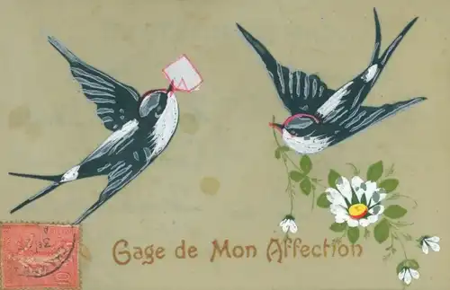 Zelluloid Ak Gage de Mon Affection, Schwalben, Blumen