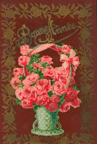 Zelluloid Ak Glückwunsch Neujahr, Rosen, Korb