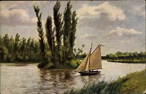 Künstler Ak Segelpartie, Fluss, Bäume, Segelboot