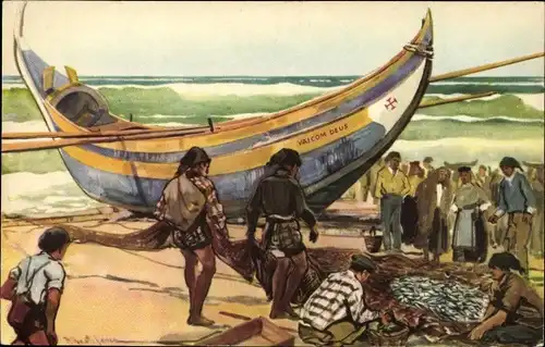 Künstler Ak Portugal, Fischerboot am Strand, Fischer nehmen Fische aus dem Netz