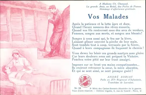 Gedicht Künstler Ak Vos Malades, Andre Soriac, Poilu au 277e Rgt. d'Infanterie