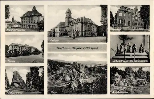 Ak Geyer im Erzgebirge Sachsen, Markt mit Rathaus, Schule. Greifensteine, Binge