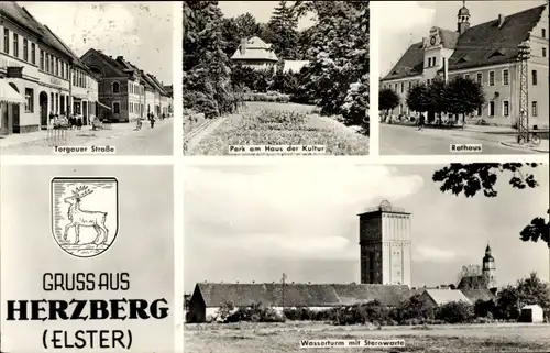 Ak Herzberg Elster, Rathaus, Wasserturm mit Sternwarte, Torgauer Str., Wappen, Park