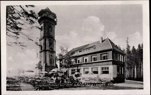 Ak Scheibenberg im Erzgebirge Sachsen, Unterkunftshaus, Terrasse, Aussichtsturm