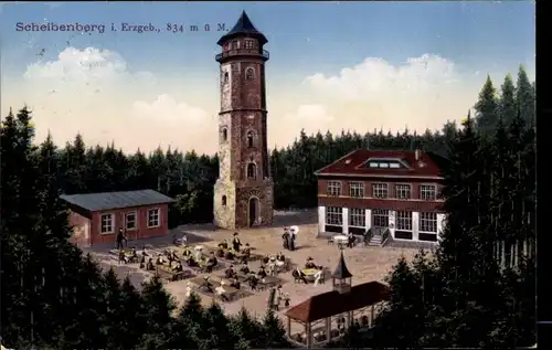 Ak Scheibenberg Erzgebirge, Gasthof mit Turm, Terrasse
