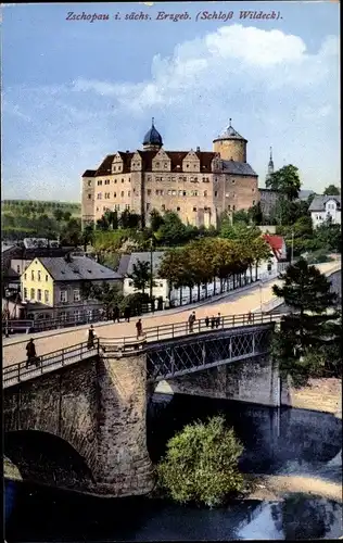 Ak Zschopau im Erzgebirge Sachsen, Schloss Wildeck, Brücke
