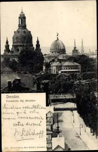 Ak Dresden Altstadt, Frauenkirche, Kgl. Belvedere, Brücke