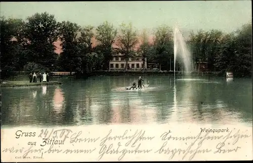 Ak Zittau Sachsen, Wasserfontäne im Teich des Weinauparkes, Gondelfahrt