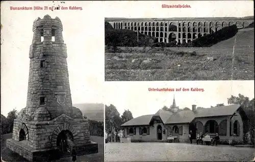 Ak Mylau Reichenbach im Vogtland, Bismarckturm u. Unterkunftshaus auf dem Kuhberg, Göltzschtalbrücke