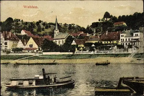 Ak Wehlen an der Elbe Sachsen, Flusspartie, Hotel Restaurant Elbterrasse, Boot