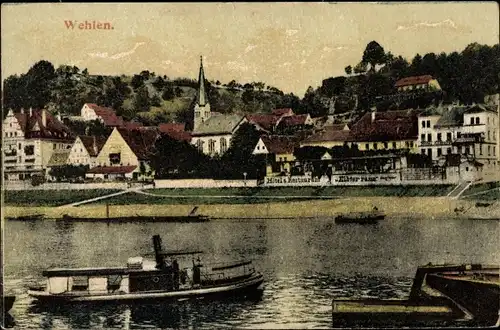 Ak Wehlen an der Elbe Sachsen, Flusspartie, Hotel Restaurant Elbterrasse, Boot