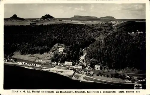 Ak Schmilka Bad Schandau, Blick v.d. kleinen Bastei, Hirschmühle, Zirkelstein, Kaiserkrone