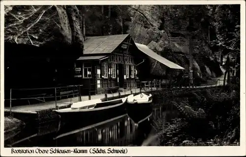 Foto Ak Hinterhermsdorf Sebnitz in Sachsen, Bootstation Obere Schleusen Klamm