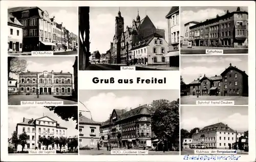 Ak Freital in Sachsen, HO Kaufhaus, Rathaus, Kulturhaus, HOG Goldener Löwe, Haus der Jugend