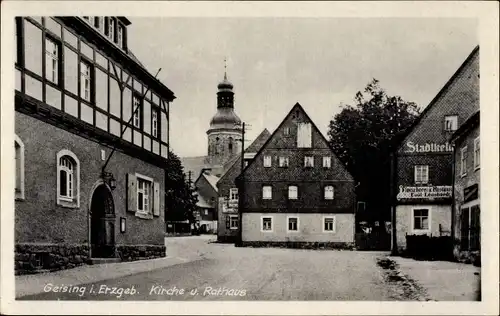 Ak Geising Altenberg Erzgebirge, Kirche und Rathaus, Fleischerei