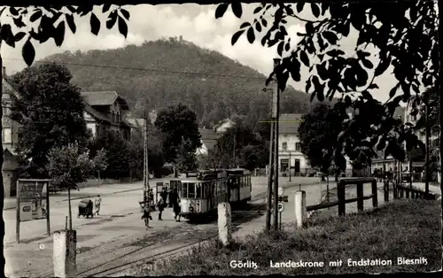 Ak Görlitz in der Lausitz, Landeskrone mit Endstation Biesnitz, Straßenbahn