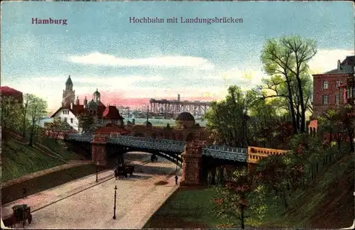 Ak Hamburg Mitte St. Pauli, Hochbahn mit Landungsbrücken