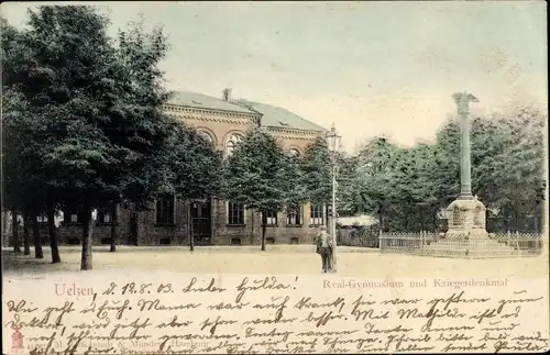 Ak Uelzen in Niedersachsen, Realgymnasium und Kriegerdenkmal