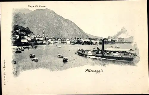 Ak Menaggio Lago di Como Lombardia, Salondampfer zum Ort fahrend