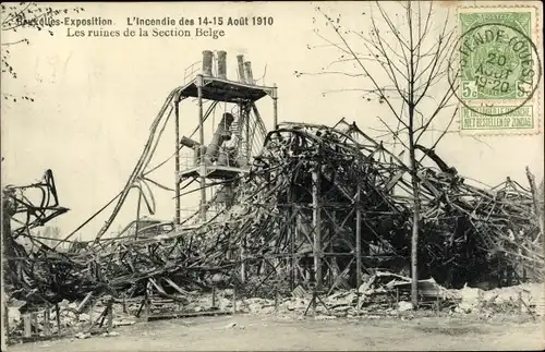 Ak Bruxelles Brüssel, Exposition 1910, L'Incendie des 14-15 Aout 1910, Ruines de la Section Belge