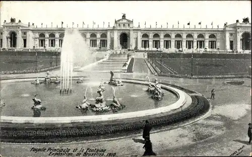 Ak Bruxelles Brüssel, Exposition 1910, Façade Principale et la Fontaine