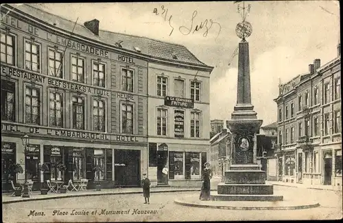 Ak Mons Wallonien Hennegau, Place Louise et Monument Houzeau, Hotel