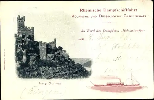 Ak Niederheimbach am Rhein, Burg Sooneck, Rheindampfer Hohenstaufen