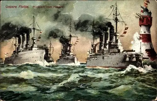 Ak Deutsche Kriegsschiffe, Rückkehr vom Manöver, Leuchtturm