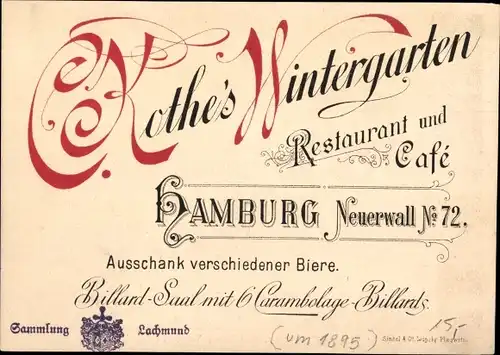 Ak Hamburg Mitte Neustadt, C. Kothe's Wintergarten, Neuerwall 72, Restaurant, um 1895