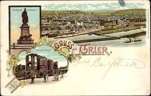 Litho Trier an der Mosel, Denkmal Wilhelm I., Kaiserpalast, Totalansicht