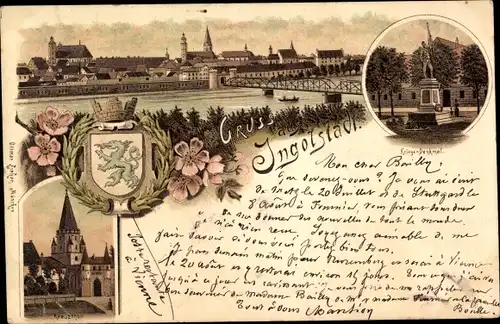 Wappen Litho Ingolstadt an der Donau Oberbayern, Totalansicht, Kriegerdenkmal