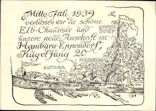 Landkarten Litho Hamburg Nord Eppendorf, Altona, Elbe, Kugelfang, Neue Anschrift
