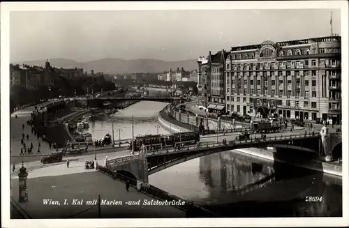 Ak Wien 1. Innere Stadt Österreich, Kai mit Marien und Salztorbrücke, Straßenbahn, Kuranstalt