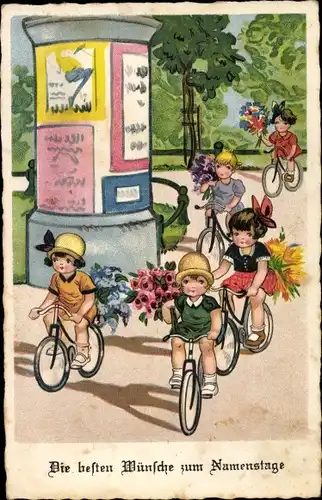 Ak Glückwunsch Namenstag, Mädchen mit Blumen auf Fahrrädern, Litfaßsäule