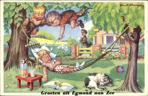 Künstler Ak Egmond aan Zee Nordholland Niederlande, Schlafendes Mädchen, Hängematte, Hund