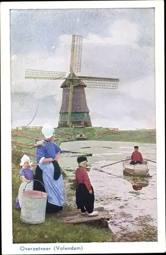 Ak Volendam Nordholland Niederlande, Overzetveer, Niederländische Tracht, Windmühle