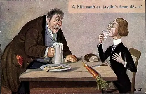 Künstler Ak A Mili sauft er, ja gibt's denn dös a, dicker Mann mit Bierkrug,dünner Mann trinkt Milch