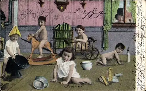 Ak Kinder mit Spielzeugen, Schaukelpferd, Nachttopf