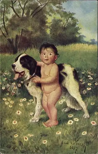 Künstler Ak Riesen, A. von, Die Reise ins Leben, kleiner Junge mit Hund auf einer Wiese