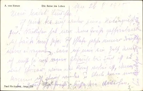 Künstler Ak Riesen, A. von, Die Reise ins Leben, kleiner Junge mit Hund auf einer Wiese