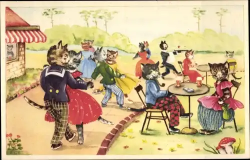 Ak Vermenschlichte Katzen, tanzende Paare, Kellner