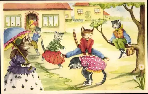 Ak Vermenschlichte Katzenkinder spielen vor der Schule